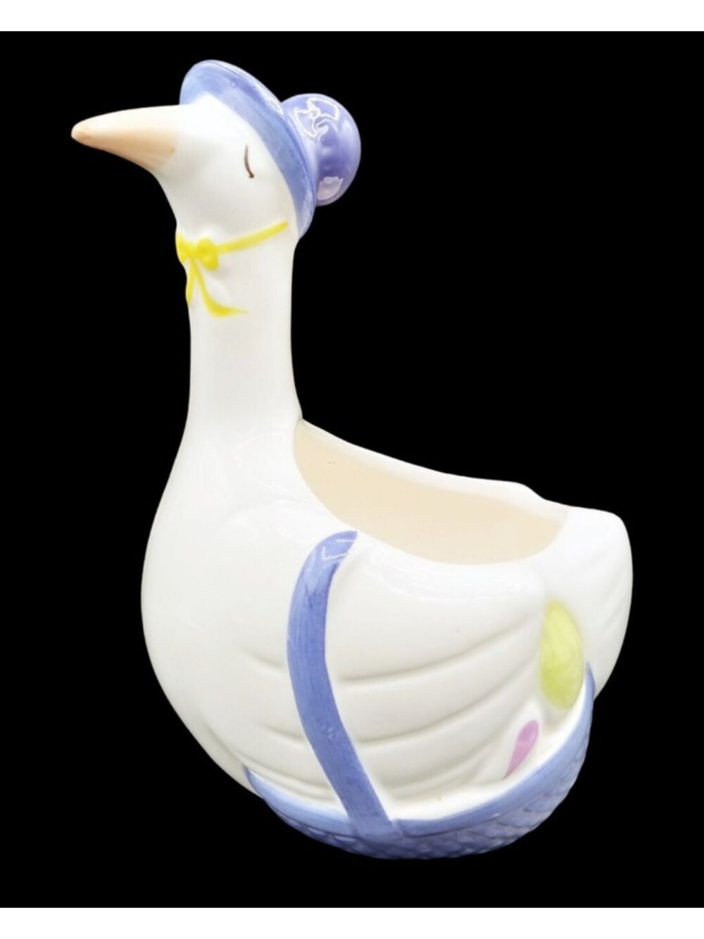 Goose Planter Vintage Ceramic Blue Hat Yellow Bow FTDA 1986 Taiwan 7.25"